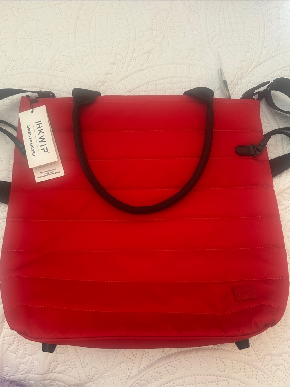 Ihkwip Shawn Killinger  Red Tote Bag with Black Handles and crossbody strap
